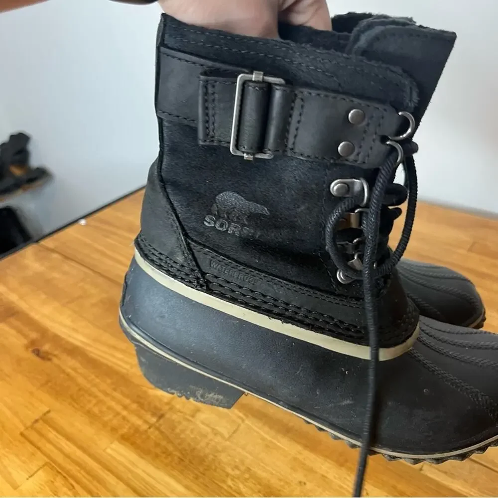 Sorel Fancy Lace Black Leather Lace Up Winter Duck Boots Size 6